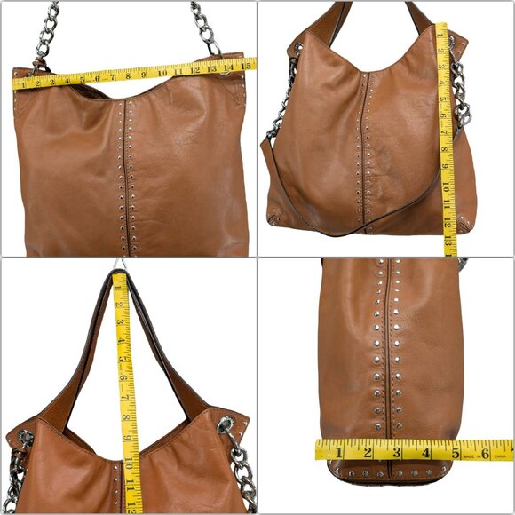 Michael Kors Leather Astor Tote Bag Tan Brown Shoulder Bag 2 Straps Studded 15" - Picture 12 of 13